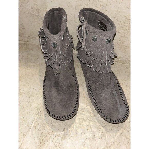 Minnetonka Double Fringe Gray Suede Moccasin Ankle Zip Booties Women 9.5 - Picture 5 of 9